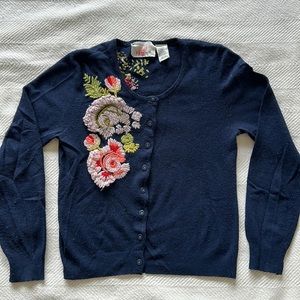Anthropologie, by Karen Nicol, size L cardigan with embroidered flowers.